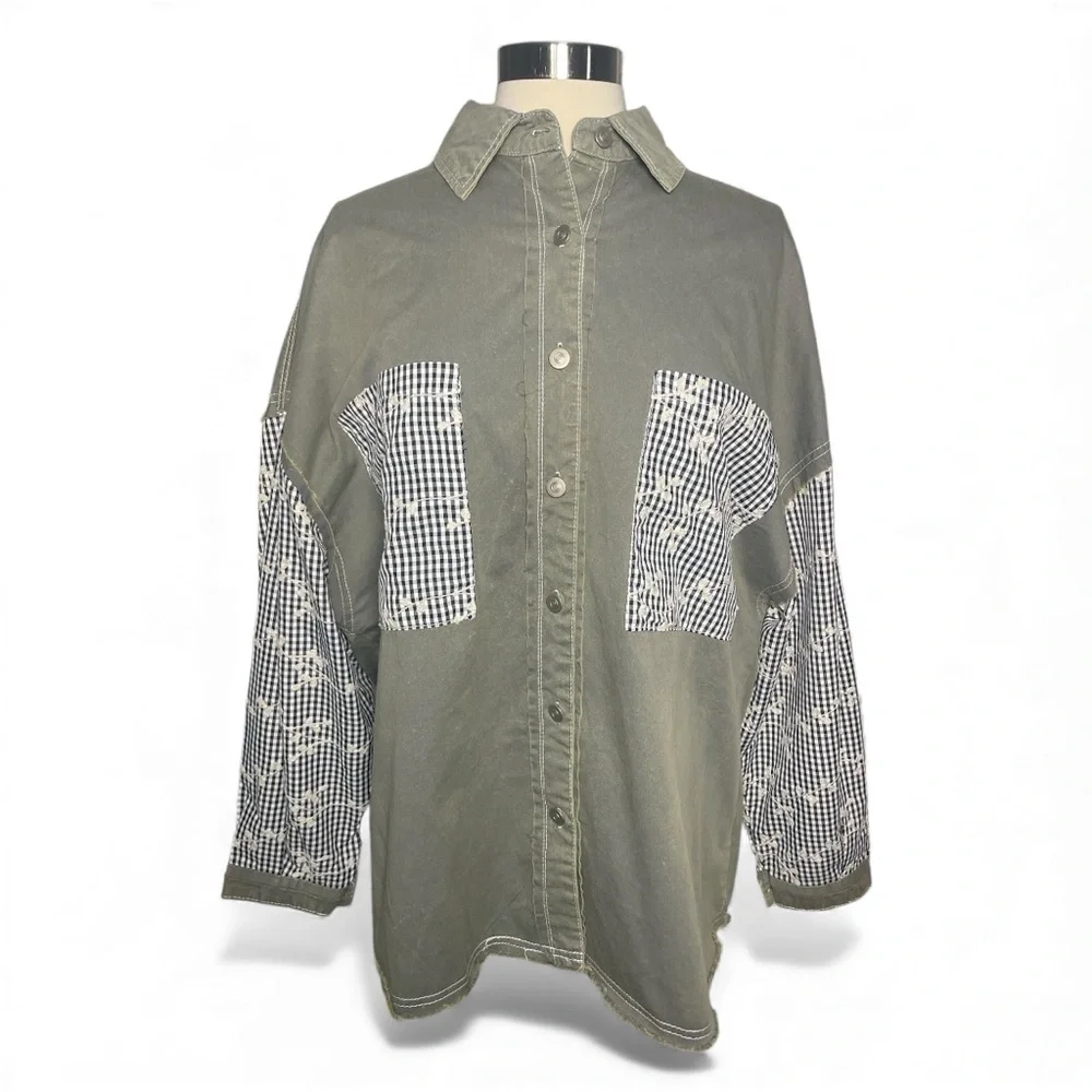 POL Oversized Patchwork Gingham Embroidered Sleeve 100% Cotton Shacket - Picture 2 of 8